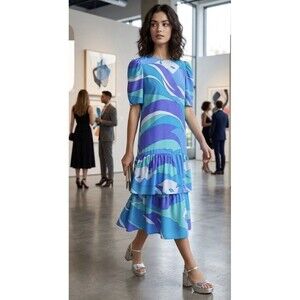 VTG Malia Hawaii Blue Purple Psychedelic Swirl Tiered Ruffle Drop Waist Dress 8